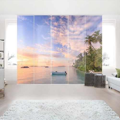 micasia Schiebegardine halbtransparent 60er Paneel Klett Strand Textil lichtdurchlässig - Sonnenuntergang Modern Flächenvorhang blau Wohnzimmer Schlafzimmer 2627 (300x250 cm - 5er Set)