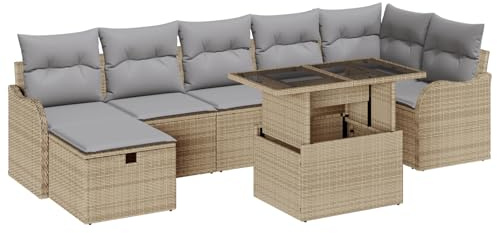 vidaXL Garten-Sofa-Set mit Kissen mit Speicher 8 pcs Beige Poly Rattan, Garten und Terrasse, modernes modulares Lounge-Set mit verstellbaren Füßen, stylische Rattan-Möbel zum Entspannen