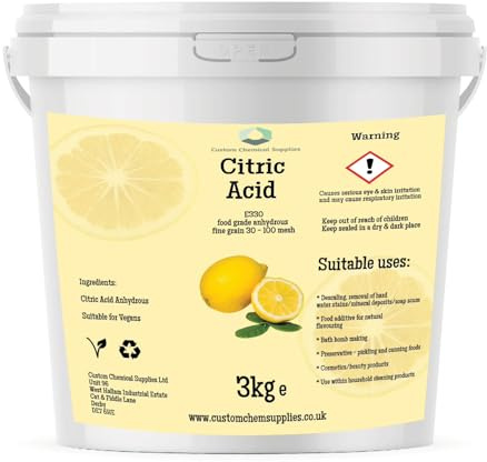 Citric Acid Food Grade, 3 kg Bucket, for Bath Bombs, Cleaning, Descaling and Food Preserving