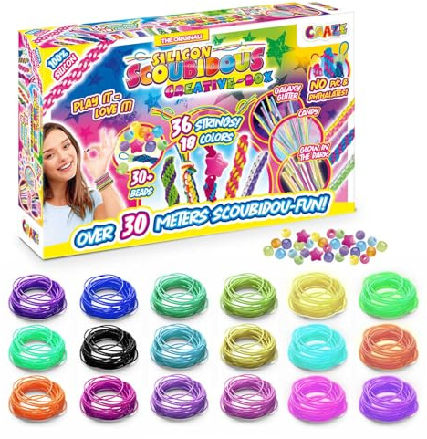 CRAZE SCOUBIDOU Bänder Kreativ Box – 36 Silikon Skubidubänder inkl. 30+ Anhängsel & Perlen – Scoubidou Bänder Glitzer, Neon & Candy – Kinder Bastelset, Creative Box, 36 Farben
