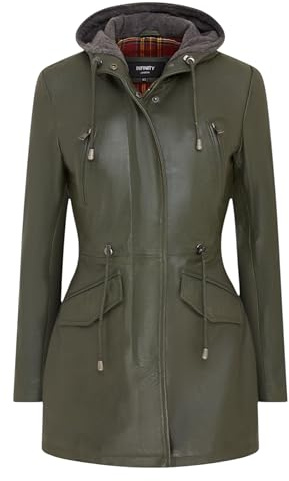Women's Leather Hooded Parker Jacket Multi-Pocket Trench Coat