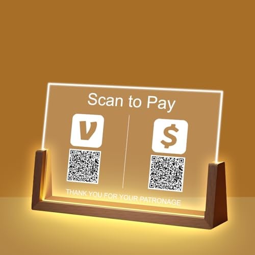 Cartello QR Code in acrilico personalizzato, targa QR personalizzata per scansione per pagare, social media, condivisione WiFi, display con codice a barre con base in legno a forma di U opzionale per