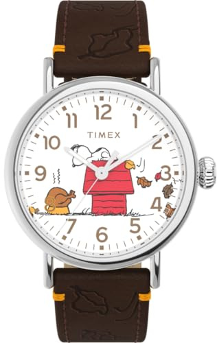 Timex Men's Peanuts 40 mm Watch - Brown Leather Strap with White Dial and Silver-Tone Case TW2W44300