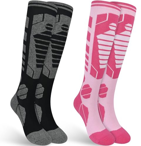 Smlper 2 Pairs Merino Wool Ski Socks womens 4-8,Snowboarding Socks,thermal Ski Socks (Black/Pink)
