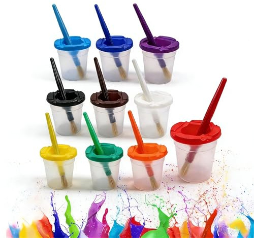 Hulvyzu 10 PCS Pots à Eau pour Peintures avec 10 PCS Pinceau Peinture Enfant, Gobelet de PeinTureE avec Couvercle Pot de PeintureS Vide Tasses à Peinture Anti-Fuite pour École Maison