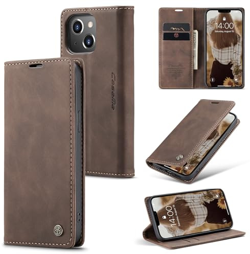 Ottcooed Cover per iPhone 13 Custodia, Cover Pellicola a Libro Portafoglio in Pelle Porta Carte Protettiva Slot per Scheda Flip Case Wallet Case con iPhone 13, Caffè