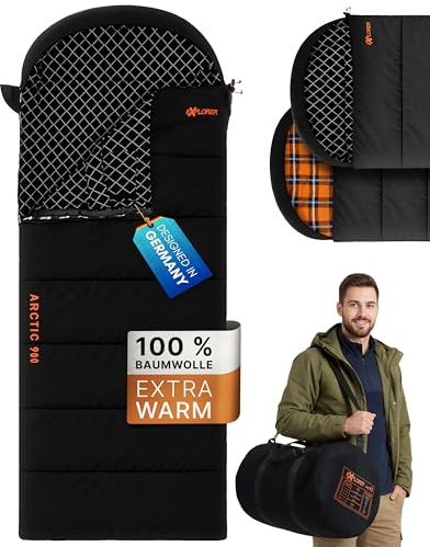 EXPLORER Arctic XXL Deckenschlafsack Winter -24°C Extrem – Camping Schlafsack aus 100% Baumwolle & Flanell – Koppelbar & Wasserabweisend – 90/110/140 cm