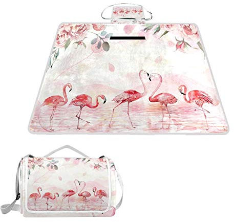 Alaza Picknickdecke, rechteckig, wasserdicht, Flamingo und Blumen, tragbar, faltbar, für drinnen und draußen, für Reisen, Wandern, Camping, Park, 150 cm x 145 cm