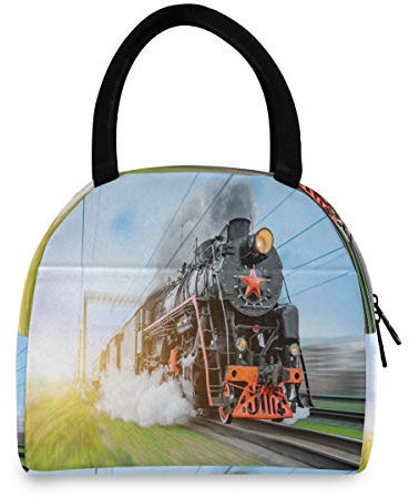linomo Lunch Tasche Jahrgang Dampf Lokomotive Zug Kühltasche Isoliertasche Brotdose Handtasche für Kinder Jungen Mädchen Damen Männer