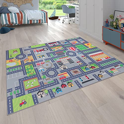 Paco Home Spielteppich Kinderteppich Kinderzimmer Straßenteppich Straßen Design rutschfest In Grau, Grösse:120x160 cm