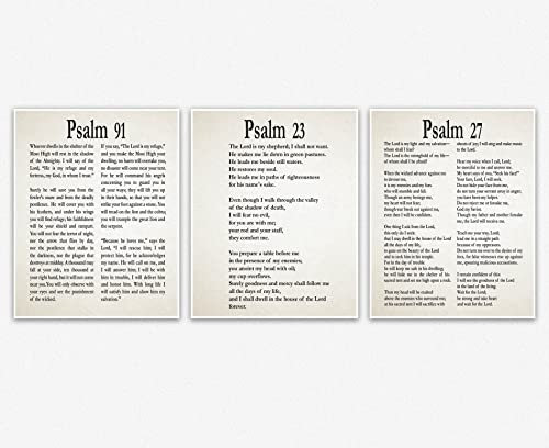 Christian Psalm Prints - Psalm 91 Psalm 23 Psalm 27 - Biblical Quotes Wall Art Posters - Set of 3 (20cm x 25cm, Ivory)