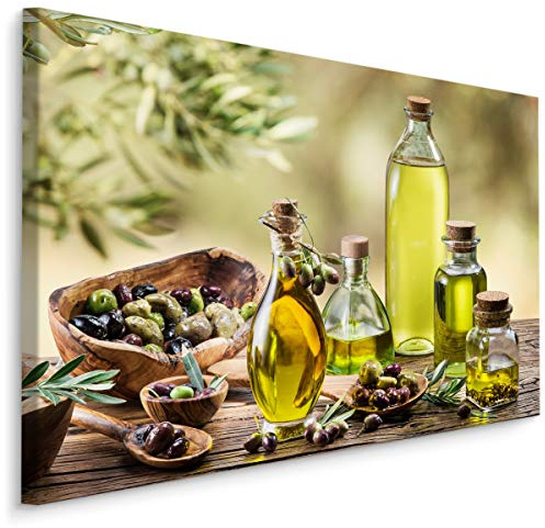 Muralo Wandbilder Essen, Gemüse, Oliven, Olivenöl, Blätter, Glas - 90x60 cm | Leinwandbild, Modernes Design, Aufhängefertig, UV-beständig - ideal für Wohnzimmer und Schlafzimmer