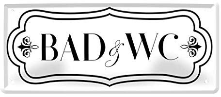 Blechschild Bad & WC - Retro Toilettenschild Gästetoilette Hinweisschild Schild Toilette WC Klo Restaurant Bad Badezimmer Hotel Pension - Türschild inkl. Befestigungsset - 28x12cm