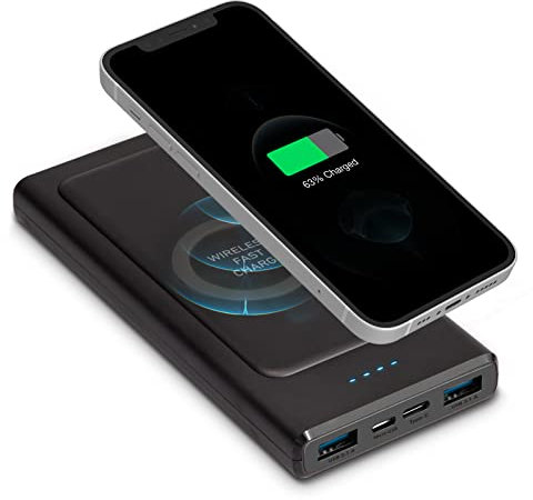 SBS Powerbank wireless sottile da 10.000 mAh per iPhone, Samsung, Oppo e Xiaomi, 2 porte USB-A, 1 USB-C e 1 Micro USB, utilizzabile in aereo, cavetto di ricarica incluso