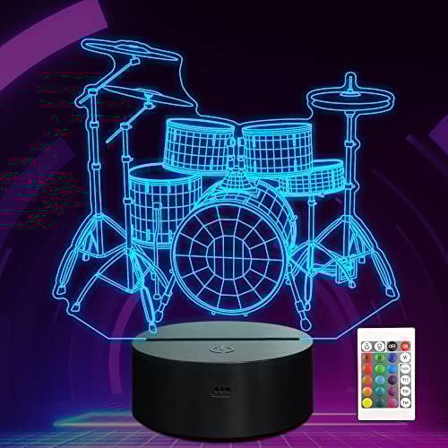 Ammonite Schlagzeug Kit Nachtlicht, Drum-kit 3D-Illusionslampe für Kinder, 16 Farben ändern mit Fernbedienung und Timer, erstaunliche Ideenauswahl für Musikinstrumentenshop Home Supply Dekoration