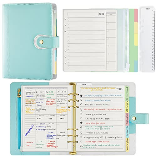 A5 Planer Mappe Nachfüllbar Persönlicher Organizer mit Zubehör, 6 Ringe Planer Mappe Softcover Kalender Mintblau Nachfüllpackungen Mitgeliefertes Zubehör Harphia