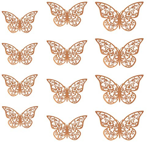Oblique Unique® 3D Schmetterlinge 12er Set Glänzend Dekoration inkl. Klebepunkte Wandtattoo Wandsticker Wanddeko in Gold oder Silber - Farbe Wählbar (Roségold)