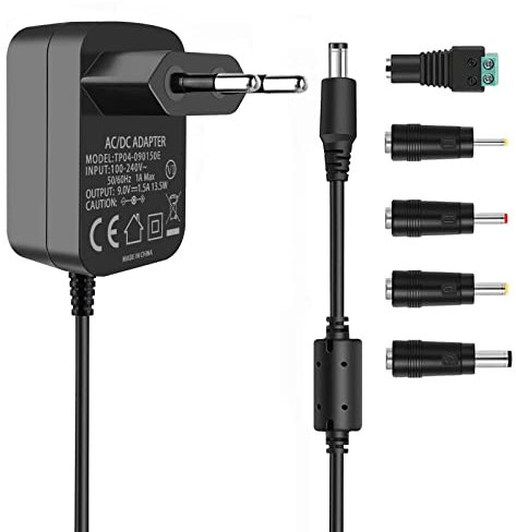 TKDY 9V 1,5A Netzteil Adapter Zentrum positiv 5,5 * 2,1mm, AC 100V-240V zu DC 9V 1,5A Ladegerät mit 5 PCS DC-Anschlüssen für DVD-Player, Lautsprecher, Arduino UNO R3, Schwinn Bike A10 und mehr