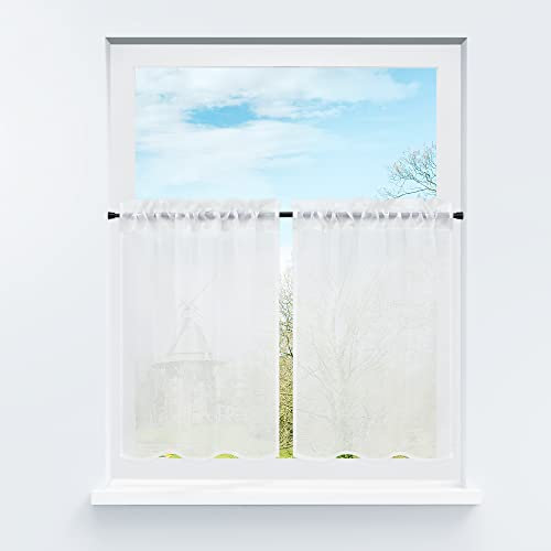HongYa Rideaux Brise Bise Transparent avec Galon Fronceur Passe Tringle Rideaux Cuisne Court Fenêtre Blanc H/L 61/66cm 2 Pièce