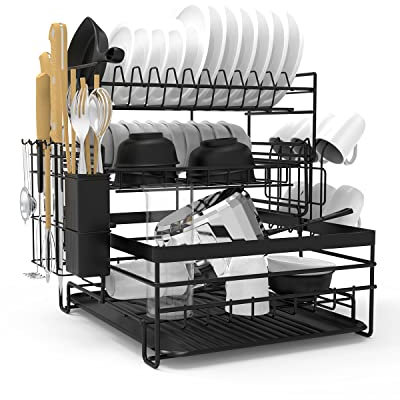 TONGKTAI Escurridor de Platos, Estante de 3 Niveles con Bandeja de Goteo, Estante de Secado de Platos Desmontable de Acero Inoxidable para Encimera de Cocina o Fregadero, Negro