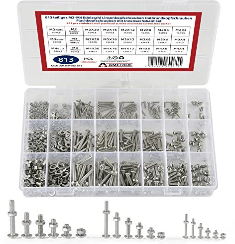 Natsen 813pcs M2 M3 M4 Schrauben Set Innensechskant Linsenkopfschrauben, 304 Edelstahl Gewindeschrauben mit Muttern und Unterlegscheiben Sortiment Kit, Silber