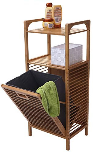 Regal mit Wäschekorb HWC-B94AM, Wäschebox Wäschesammler Wäschebehälter Standregal Aufbewahrung, Bambus 95x40x30cm 28l