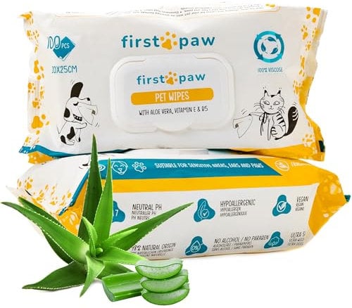 FIRSTPAW Pet, Puppy, Cat and Dog Wipes, Hypoallergenic Pet Wipes, 100 pcs Easy Cleaning Dog Wipes for Bum, Body, Paws, Eyes and Ears, 100% Viscose Biodegradable Dog Grooming Wipes with Aloe Vera