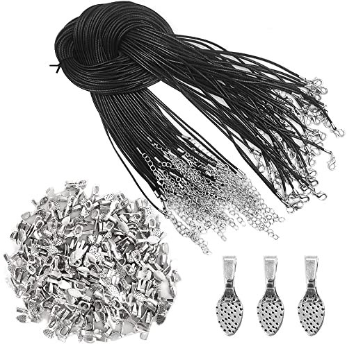 lyfLux Set of 150, Black Waxed Necklace Cord and Spoon DIY Oval Glue on Bails Pendants, 50 Pcs Necklace Cord Bulk (20 Inch) and 100 Pcs Small Spoon Bail Earring Charms(15x5mm) for Jewelry Making,