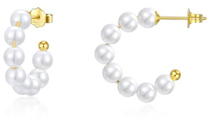 Perlen Creolen Silber 925 Creolen Gold Perlenohrringe Creolen mit Perlen Kleine Perle Ohrringe Stecker Hypoallergen Ohrhänger Runde Perle öhringen Schmuck Geschenke für Frauen Damen Mädchen