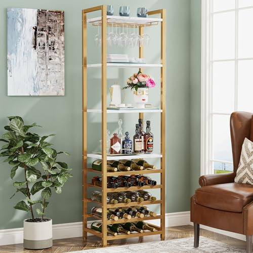 Tribesigns 20 Flaschen Wein Bäckerregal,Weinregal Freistehender Boden, 9 Etagen, industrielles freistehendes Weinregal Weinbar mit Glashalter Flaschenregal für Bar, Küche, Esszimmer, Weiß & Gold