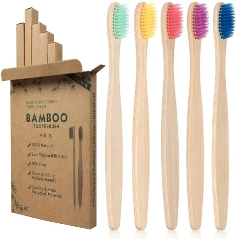 Jinpojun Spazzolini Bamboo [5 Pezzi], Spazzolini da Denti a Setole Morbide Senza BPA, Riutilizzabili e Biodegradabile con Setole di Carbone Morbide e Disegno Ergonomica - 5 Colori