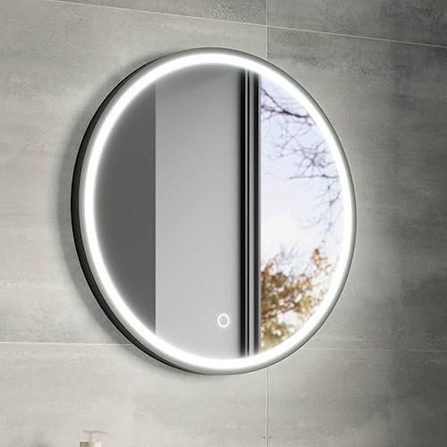 Illuminated Round Bathroom Mirror with LED Lights 600mm IP44 Rated - Kali 3-Colour Dimmable LED Bathroom Mirror with Lights, Demister Pad, Touch Sensor Switch, Black Framed Wall-Mounted Vanity Mirrors