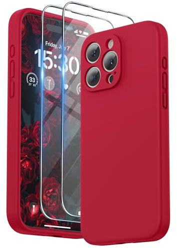 SURPHY Design for iPhone 15 Pro Max Case, Liquid Silicone [2 x Screen Protectors & 1 x Lanyard] Protection for Each Lens Shockproof Cover for iPhone 15 Pro Max 6.7 inch 2023, Red