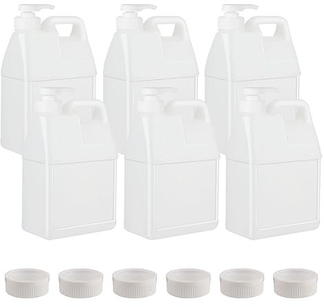 BPFY 6 Pack 64 oz Clear Plastic Jugs with Pumps, Camping Water Jug Storage Containers with Ergonomic Handle, HDPE Containers Soaps (0.5 Gallon With Pump)
