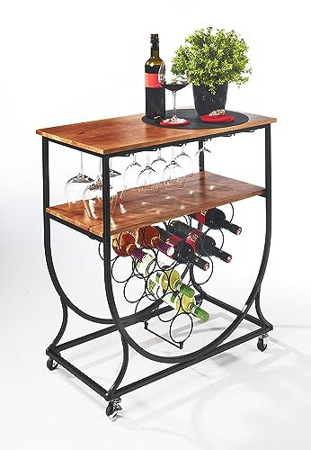 Kobolo Weinregal Ablagetisch mit Rollen, Weinwagen, Flaschenregal für Flaschen & Glas, Barwagen Servierwagen für Küche, Wohnzimmer - Wood - aus Metall und Holz - mit Rollen - für 15 Flaschen