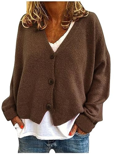 AMhomely Button Down Cardigan Women Plus Size Knitted Sweater Jacket Long Sleeve Solid Jumper V Neck Loose Lightweight Plain Ribbed Cuffs Open Front Coats Fall Clothing Coffee M