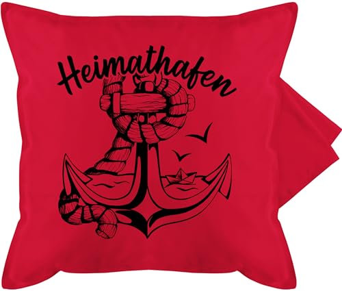 Kissenbezug - Statement - Heimathafen mit Anker und Papierboot - 50 x 50 cm - Rot - Kissen maritim Statement-Kissen Statements baumwollkissen Maritime kissenbezüge sprüche kissenhülle maritimes