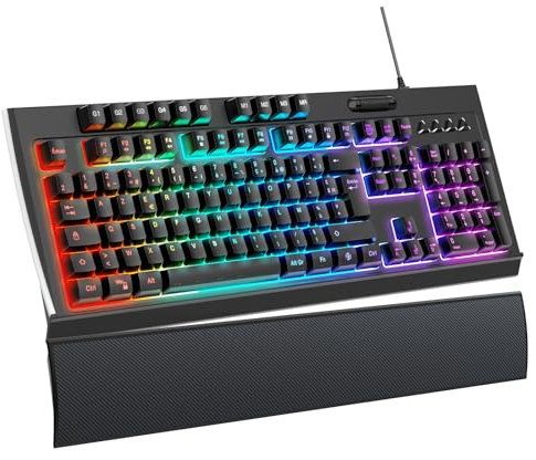OMOTON Clavier Gamer Semi-Mécanique, Clavier de Jeu Programmable, Repose-Poignet Magnétique/Rétroéclairé LED/26 Keys Anti-Ghosting, Clavier Gaming Membrane AZERTY, Windows/Mac/Xbox/ PS5, USB Filaire