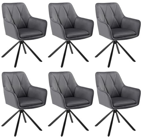 Lestarain Esszimmerstühle drehbar 6er Set, für Schlafzimmer Küche Wohnzimmer, Küchenstühle gepolstert mit Armlehnen Rückenlehne, Metallbeinen, Samt, Dunkelgrau