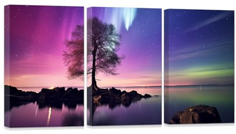 ZXHYWYM 3 teiliges Aurora Borealis Wanddekor lila Nordlichter Leinwanddruck Baumlandschaft Wandbild für Wohnzimmer Schlafzimmer Heimdekoration mit Rahmen (D (30x40cmx3))