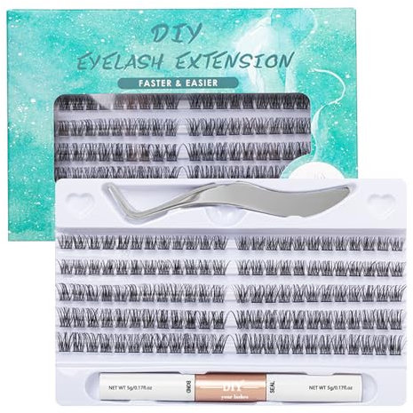 LINXINS Eye Lashes, Eyelash Extension Kit, Cluster Individual False Eyelashes with Glue Bond and Seal, False DIY Lash Extensions Kit- C D Curl 10/12/14/15/16mm