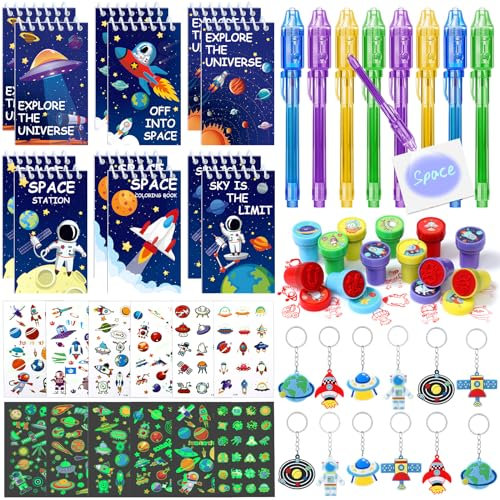 Spazio Gadget Compleanno Bambini Regalini Fine Festa Compleanno Penna Invisibile con Luce Taccuino Tatuaggi Temporanei Timbri Portachiavi Regali Compleanno Bambini Gadget Pignatta Bambina