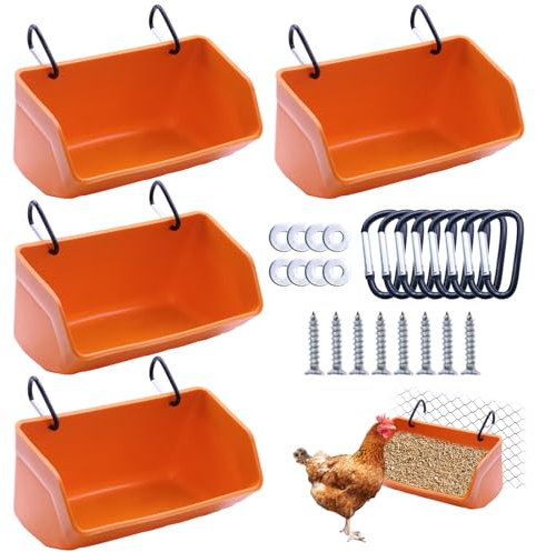 Zaun Hängender Hühner-Futterspender – 4 Stück Futtertrog mit Clips für Ziege, Ente, Schaf, Pferd, Gans, Schwein, Geflügel, Hühnerfuttereimer Futterbehälter für Nutztiere (Orange)