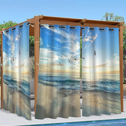 Linfye Outdoor Vorhang Wetterfest, Schwarz Outdoor Vorhänge Wasserdicht mit Ösen Möwe Sichtschutz Outdoor Gardinen für Draussen Terrasse Balkon Pavillon Garten Pergola 2er Set B 132 x H 190 cm
