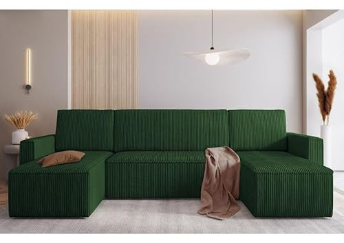 Easy4You Green Mimir Corduroy U-Shaped Corner Sofa 303 x 80 x 145 cm with Sleep Function and Bedding Container - Sofa Bed with Bed Box - Corner Couch with Storage Space - Fabric: POSO 14