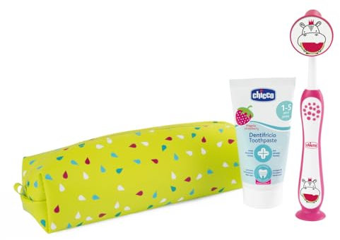 Chicco Set de Cepillo de Dientes y Pasta Dental para Bebés, Con Estuche Práctico, Incluye Pasta Dental Sabor Fresa y Cepillo de Dientes con Cerdas Suaves y Ventosa, Set de Viaje, 3-6 A, Rojo