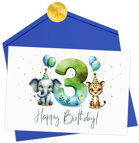 Joli Coon Geburtstagskarte 3 Jahre Junge - Premium Happy Birthday Geburtstagskarte 3 Jahre - Klappkarte mit Kuvert und goldenen Siegelsticker