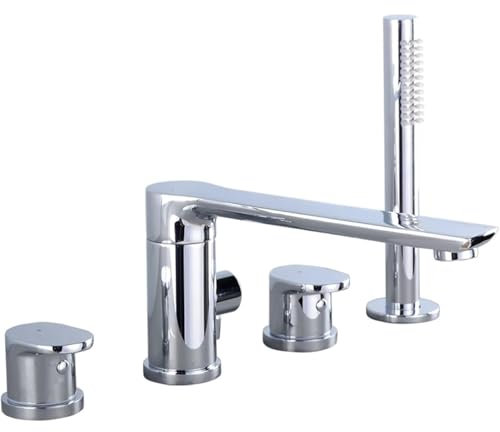 UNFRASLOP Badewannenarmatur Mit Handbrause Wannenrandarmatur 4 Loch Wasserfall, Drehgriff Badewanne Zweigriff Wannenrandarmatur Aus Messing,Chrome