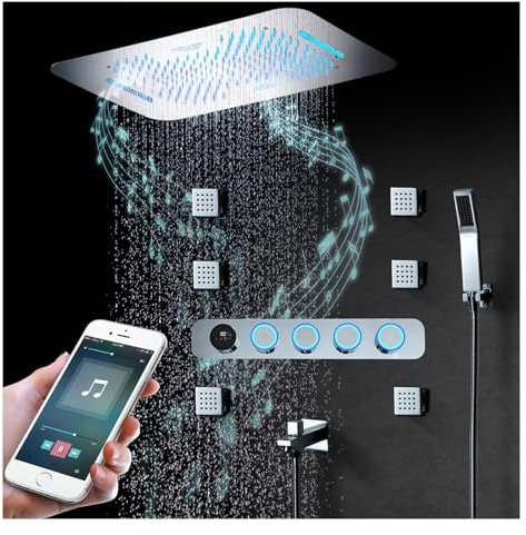 SWHC Musicale Colonna Doccia Termostatica 64 Colori LED con Display Digitale Kit Doccia da Incasso con 6 Pezzi Getti Idromassaggio 580 * 380mm Set Doccia con Doccetta e Rubinetto della Vasca