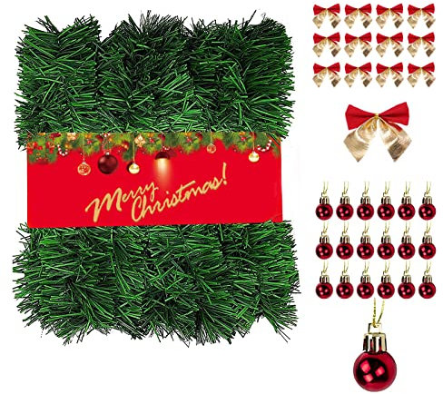 NefLaca 22 m Weihnachtsgirlande mit 48 Weihnachtsschleifen 45 Weihnachtskugeln Dekoration DIY künstliche Kieferngirlande für den Innen- und Außenbereich Diese Tannengirlande erfreut die ganze Familie